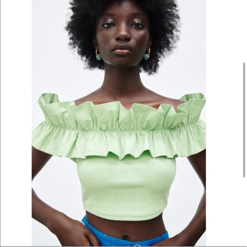 Zara Ruffle Off the Shoulder Green Crop Top
